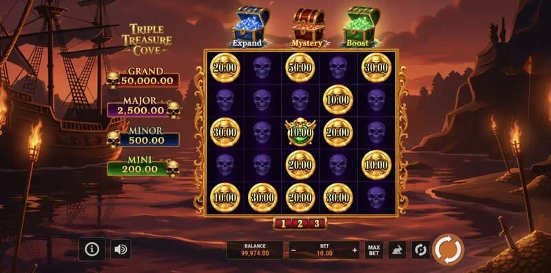 Triple Treasure Cove - Màn hình chính với guồng quay và vịnh cướp biển